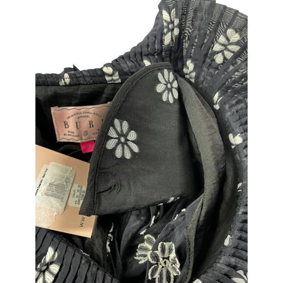 Buru Blanche Floral Pleated Ruffled V-Neck Mini Dress | Sz M, Black White NWT - Picture 10 of 15